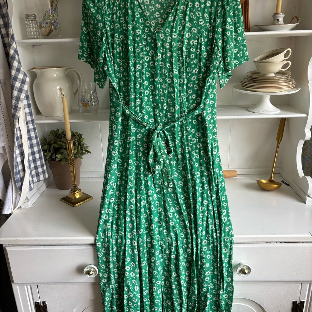 Green and White Ruffled Tiered Midi Sundress
